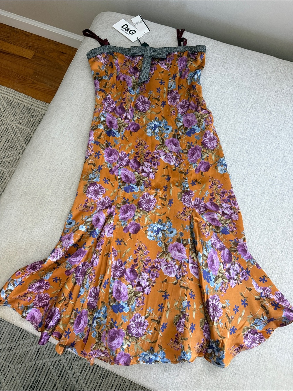 Vintage Dolce & Gabbana Silk Orange Floral Midi Slip Dress with Purple Blooms